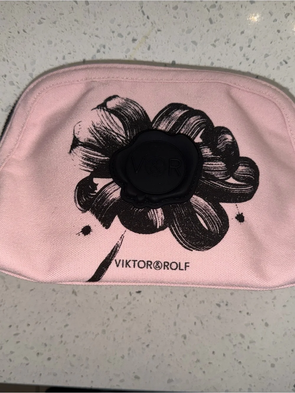 Viktor & Rolf Pink Canvas Pouch with Black Floral Emblem